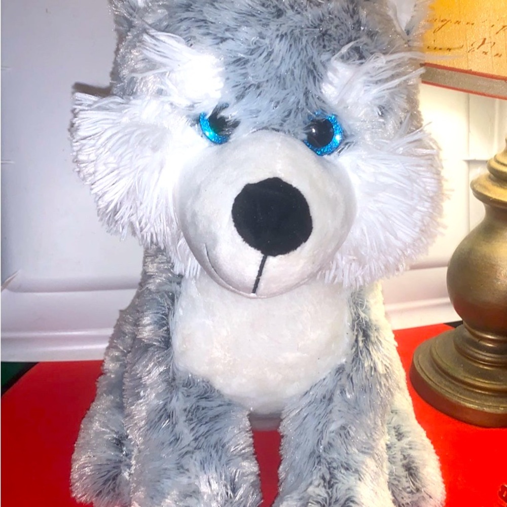 DanDee Plush Sparkle Blue Eyes Gray/White Siberian Puppy  14 inches tall